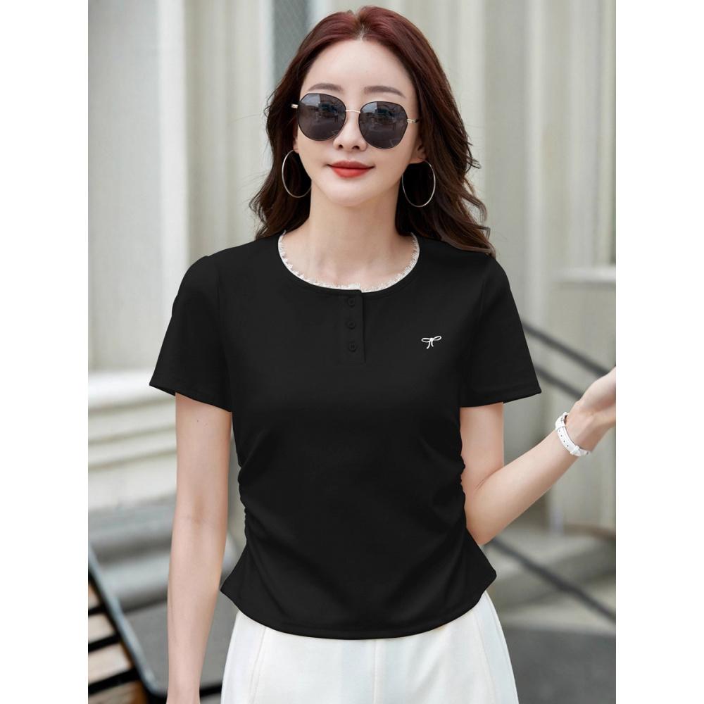 Gray Lace Trim Short Sleeve T-Shirt for Women Summer Ruched Waist Slimming Regular Shoulder Bow Embroidered Top