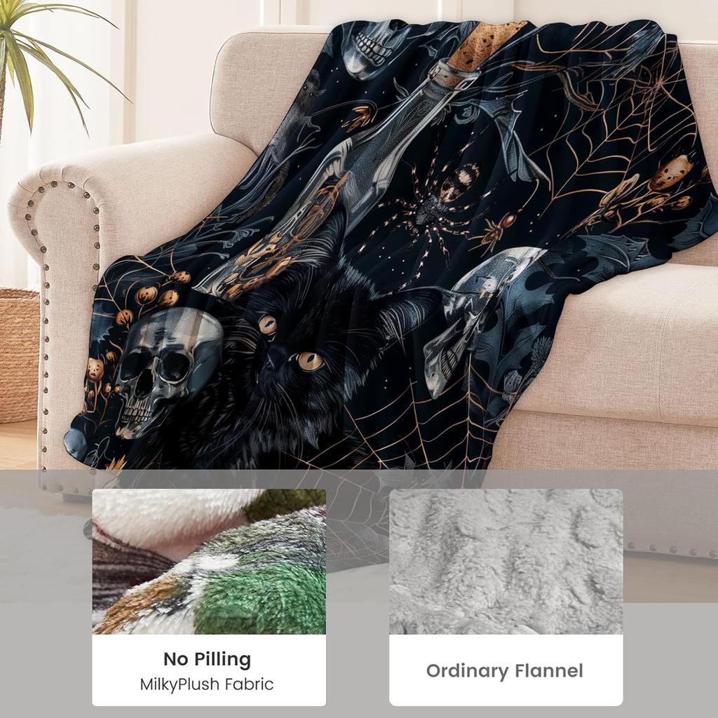 1PC Halloween Throw Thin Blanket Skull arts black cats Flowers Gifts for friends Couch Bed Car Home Camping all season use