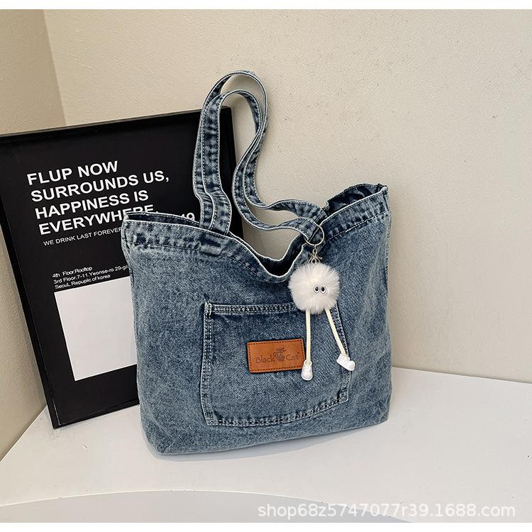 

Vintage American Denim Canvas Bag 2025 New ins Large Capacity Shoulder Bag Student Commuter Tote Bag for Class джинсовый синий