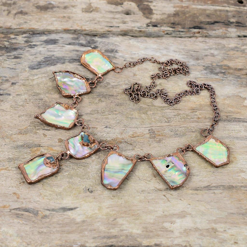 Abalone Shell Rough Necklace Electroformed Copper Necklace Adjustable Chain Necklace Aquamarine Rough Jewelry Handmade Gemstone Necklace