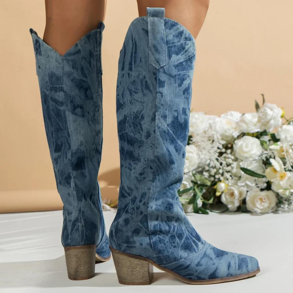 Women Denim Retro Long Round ToeThick Heel Western Cowboy British Style Knee-high Knight Ethnic 2024 Shoes for Women