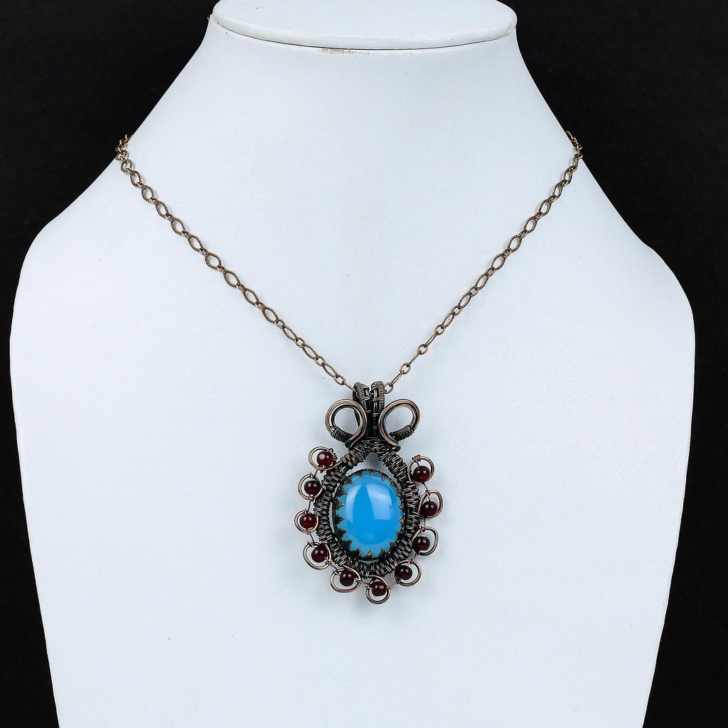 Blue Chalcedony Gemstone Pure Copper Wire Wrapped Handmade Pendant Jewelry