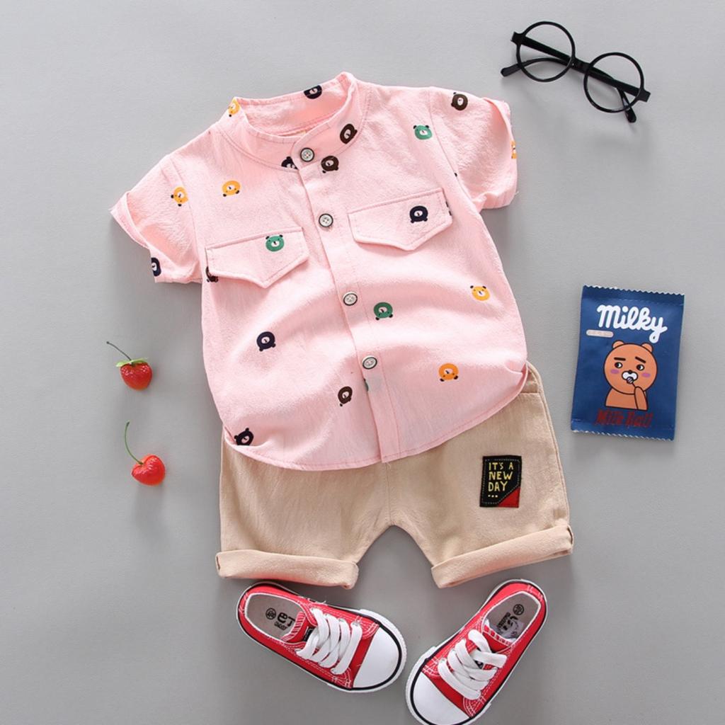 Summer Printed Pyramid Shirt Short Sleeved Shorts Set for Male and Female Infants and Young Children