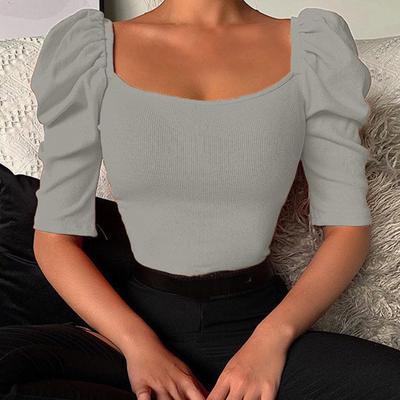 Elastisches Damen-Top, feine Verarbeitung, Baumwollmischung, halbe Puffärmel, kurzes T-Shirt für den Alltag