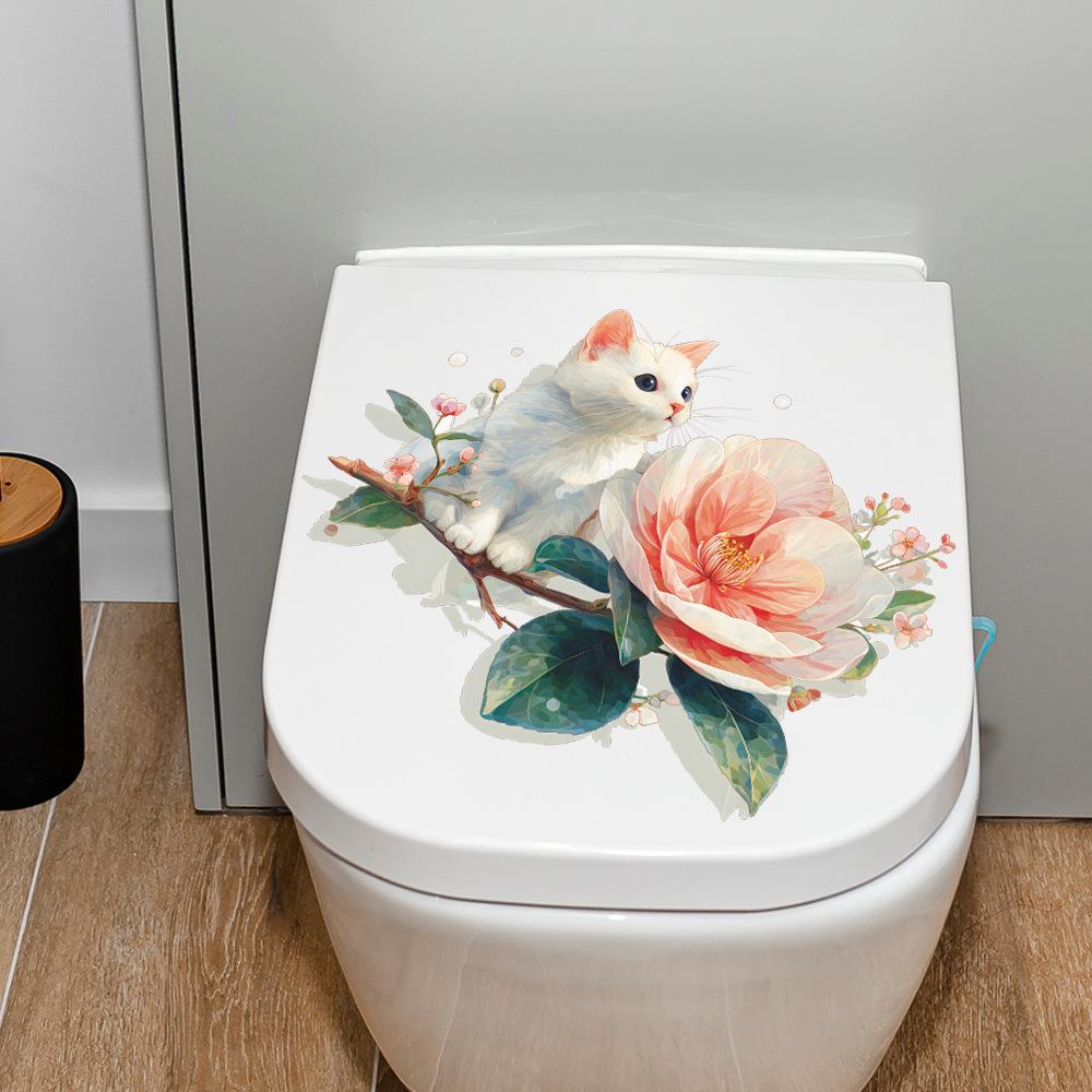 Self-adhesive Wall Stickers Cartoon Cute Cat Flowers Oil Painting Style for Kids Room Bedroom Home Decor