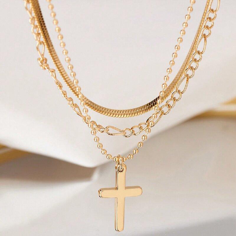 

Vintage European Layered Cross Choker, Mixed Link Bead Chain Necklace, Stackable Edgy Statement Jewelry золотистый