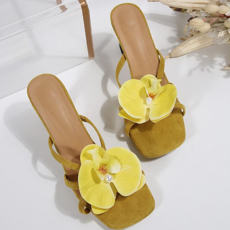 Fashion Fashion Design Flowers Pinch Narrow Band Square Toe Thin High Heels Flip Flops Women Slippers Sandals Outdoors Party Shoes