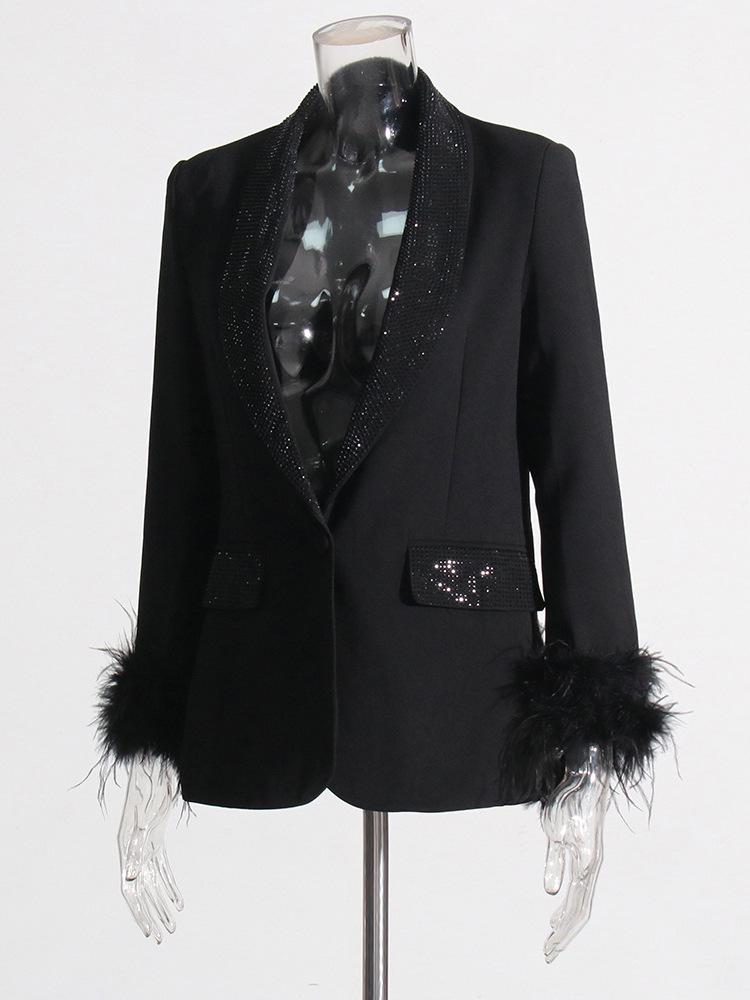 Spring 2026 Women's Luxe Suit: Cuff Patchwork with Ostrich Feather & Rhinestone Trim