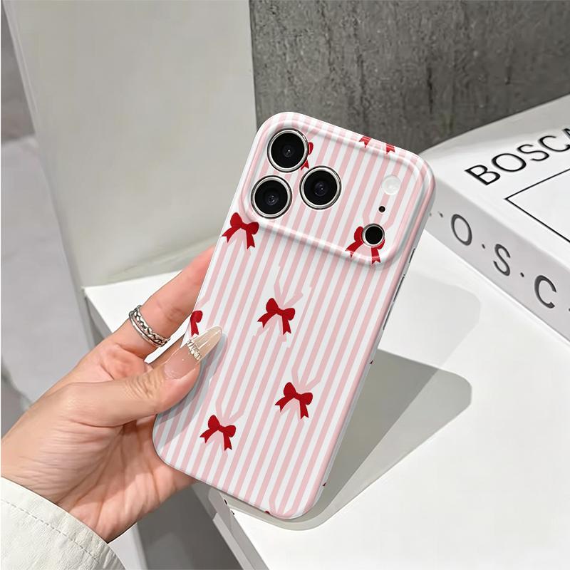 Precious Sweet Pink Striped Red Bow Pattern Film Aesthetic Protective Shockproof Bumper Phone Case For iPhone 13 14 15 16 17 Pro Max Plus