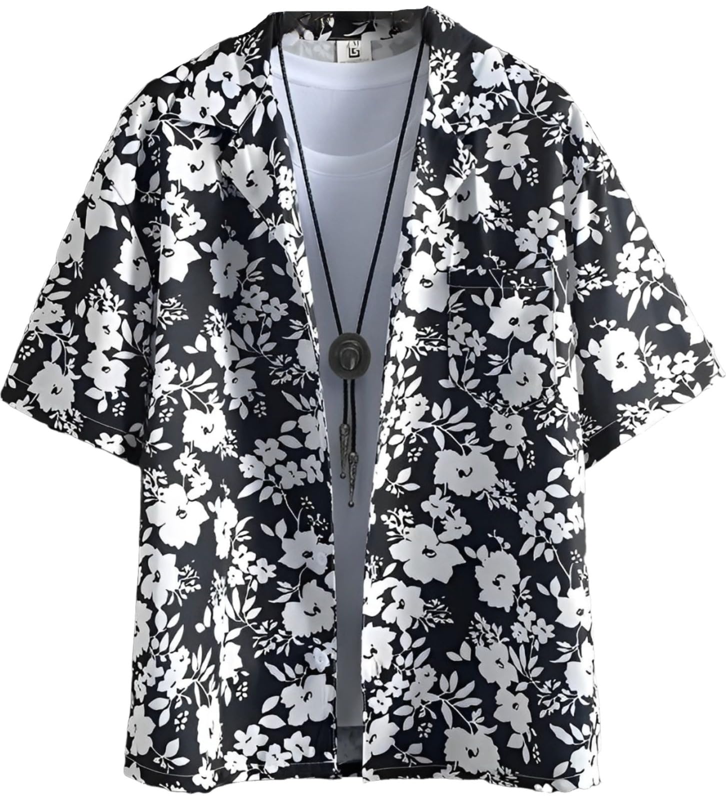 

Monotone Floral Open Flower Short Sleeve Open American Front Short Summer Casual White Black [Aspersio] Shirt, Collar, Refreshing, Print, Top, Men s,