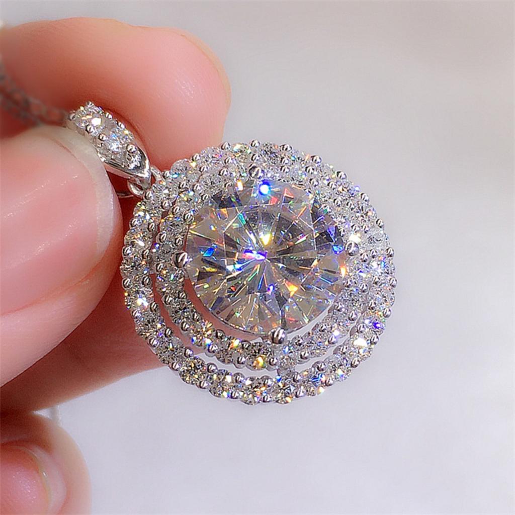 Women Round Stone Pendant Necklace with Double Sparkling Halo Elegant Bridal Inspired Jewelry