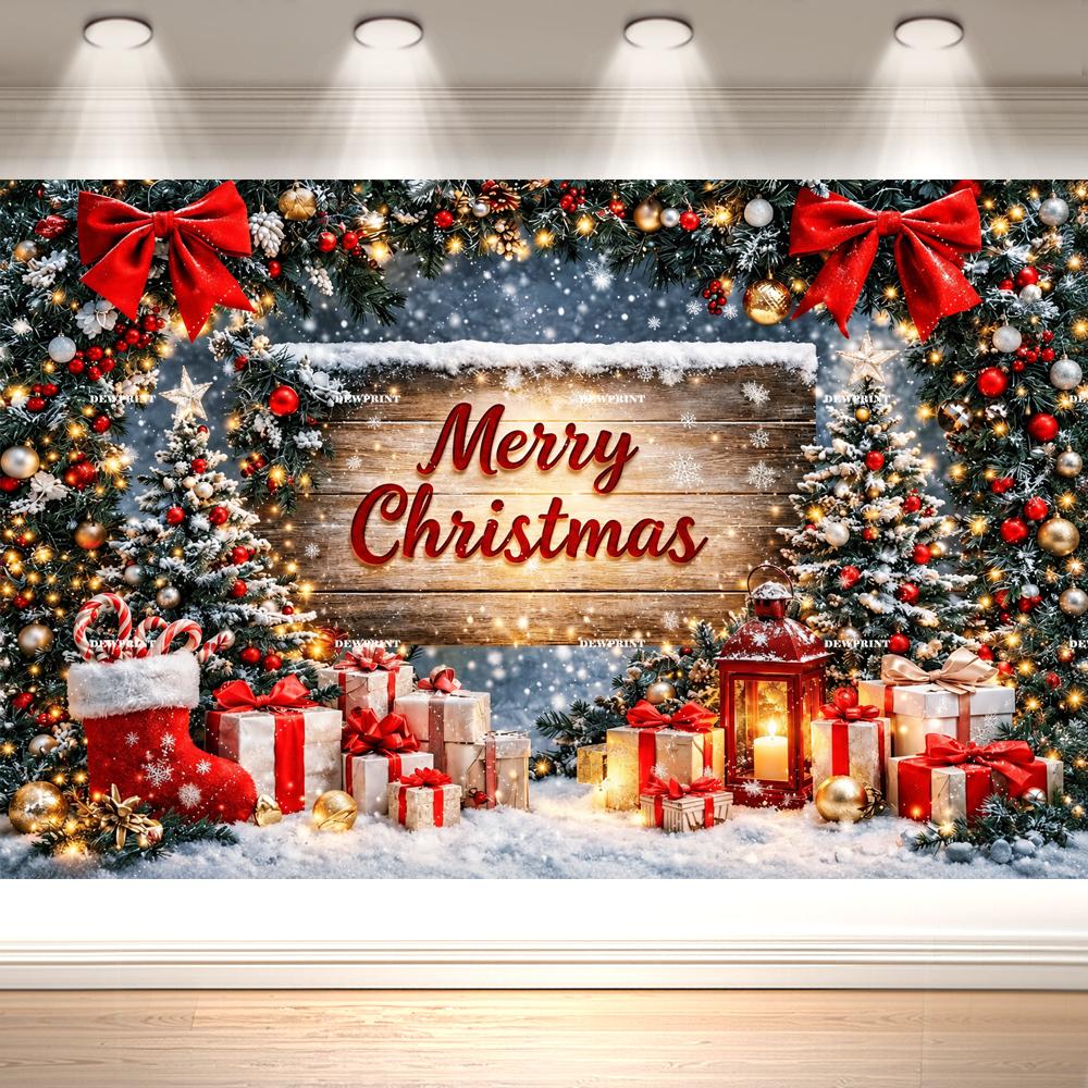 Merry Christmas Backdrop Rustic Wood Sign Red Bows Pine Garland Trees Gifts Lantern Snow Winter Photography Background Decor