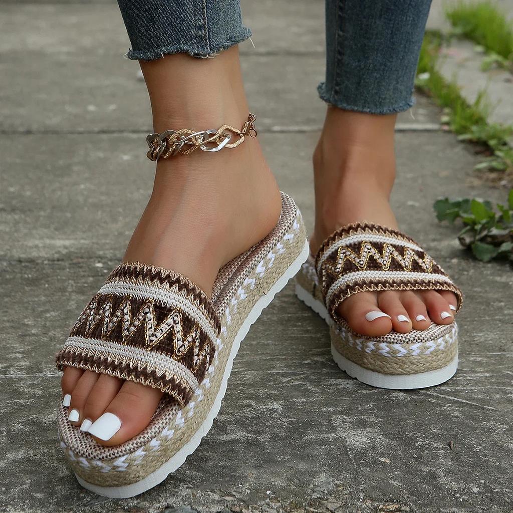 Weave Women's Slippers Platform Summer Shoes for Women 2025 New Beach Casual Heeled Sandals Bohemian Handmade Ladies Espadrilles