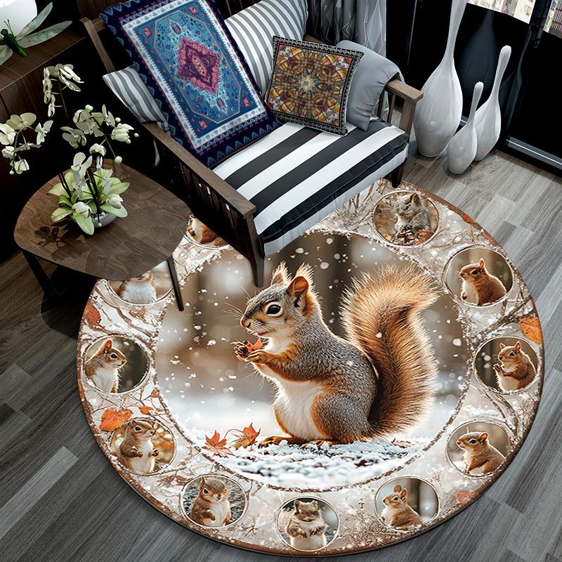 Squirrel Round Area Rug,Carpet Rug for Living Room Bedroom Sofa Playroom Decor,Non-slip Floor Mat