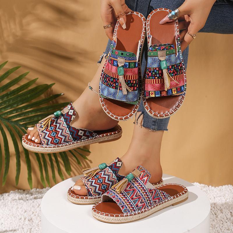 Bohemian Flat Slippers Women's Summer Fringed Beach Sandals Color Matching Large Size