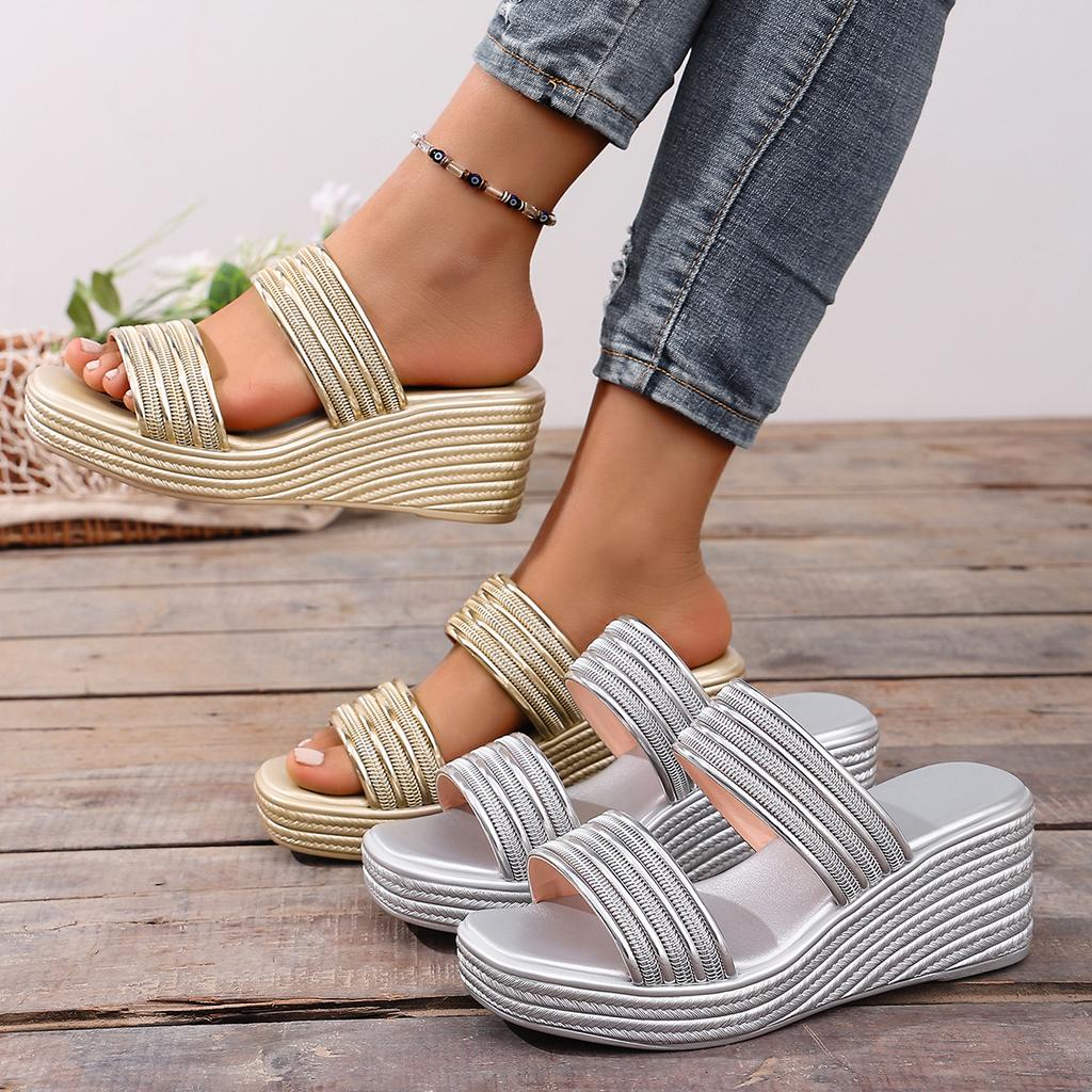 Women's Metallic Woven Double Strap Wedge Heel Slide Sandals Non-Slip Platform Sandals for Summer Beach Casual Daily Wear