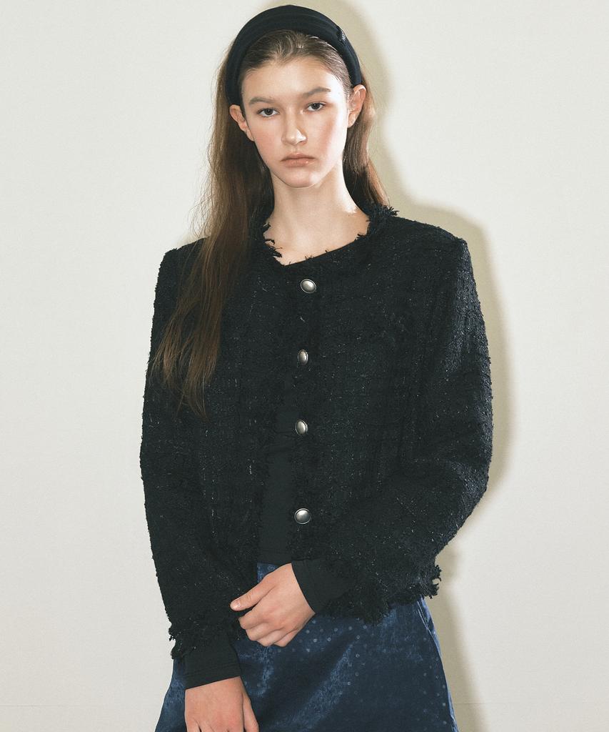 NICK&NICOLE Fringed Tweed Jacket_Black