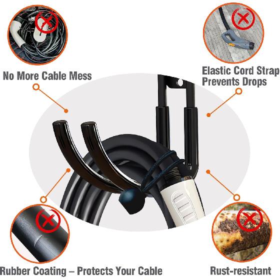 EV Charger Holder Wall Mount | Heavy-Duty J-Hook For Cable Retractor, Durable Steel Hook For Indoor/Outdoor Use, Electric Vehicle Cord Organizer