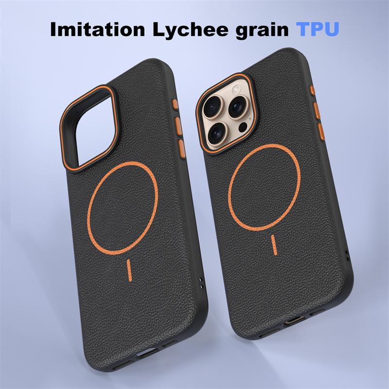 Ultrathin Simple Magsafe Phone Case For Iphone 16 Pro Max 15 Pro 14 13 12 Lichee Pattern Hit Color Lens Wireless Charging Cover