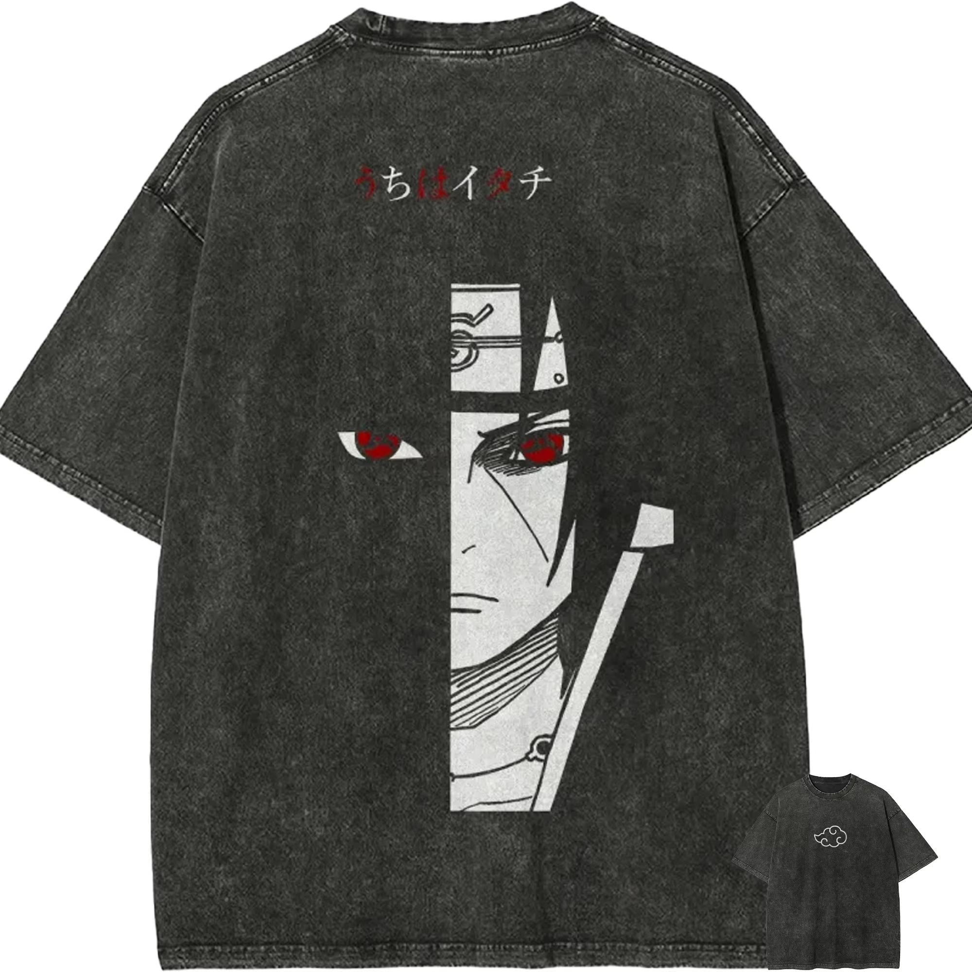 

T Shirt Sharingan Eye Vintage Acid Wash Streetwear Retro Anime Graphic Men Tees Breathable Top S