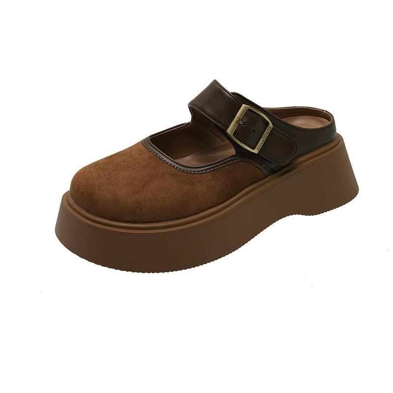 2025 Frühling neue Wildleder Retro Oberbekleidung Tasche Kopf Hausschuhe Damen dicker Boden ein Pedal kleine halbe Hausschuhe