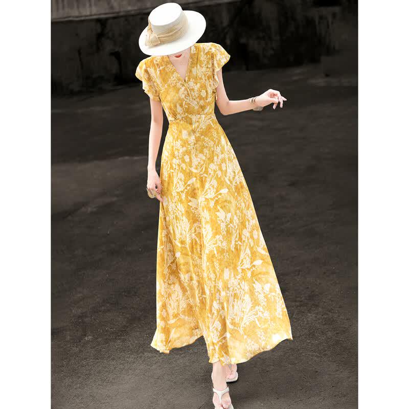 Lanseer 2026 Summer French Elegant V-Neck Ruffle Sleeve Printed Dress S