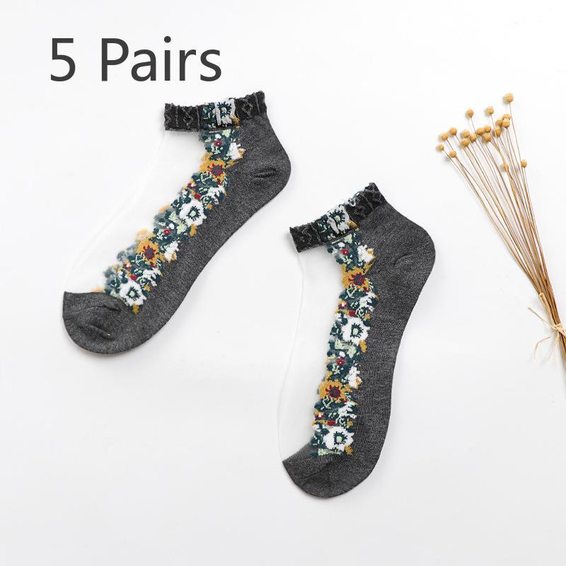 5 Pairs of Ladies Autumn Thin Floral Embroidered Glass Silk Clear Cotton Bottom Crystal Ice Stockings