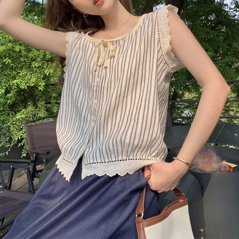 Striped Fashion Lace Hollow Out Blouse O-Neck Summer Casual Sleeveless Spliced Women's Clothing Single-breasted Straight Shirt