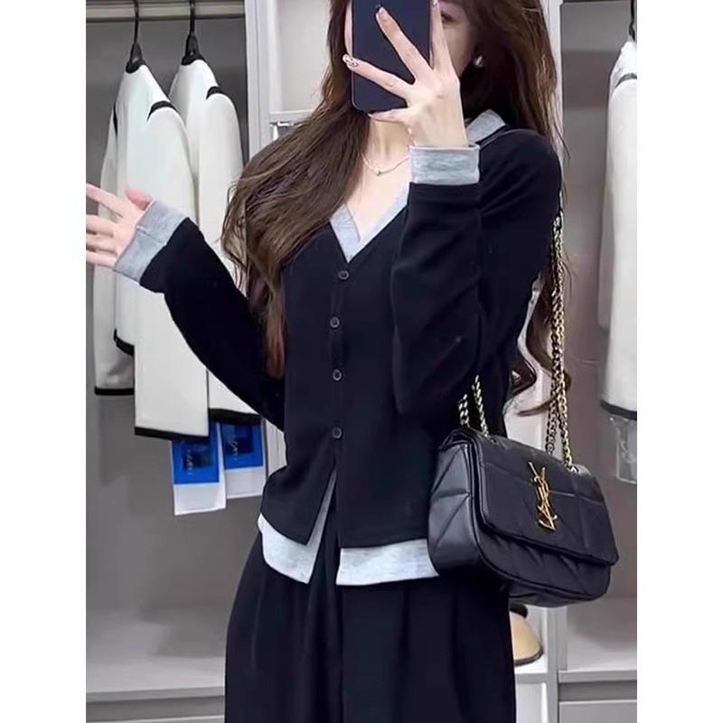 Autumn Winter V-neck Fake Two Pieces Buttons Knitting Coat Women Casual All-match Cardigan Sweater Top