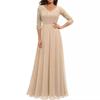 Damen V-Ausschnitt Dreiviertelarm Maxikleid Schlank Mittlere Taille Spitze Chiffon Formelles Abendkleid