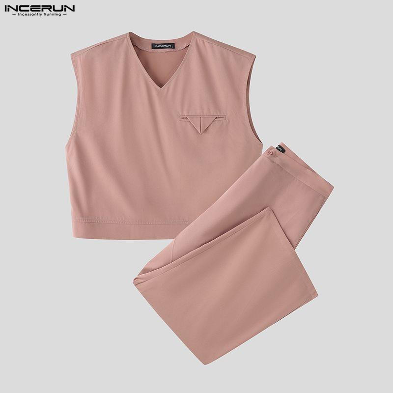 INCERUN 2PCS Men Sleeveless Cropped Tank Tops and Straight Trousers Pants Sets Outfits