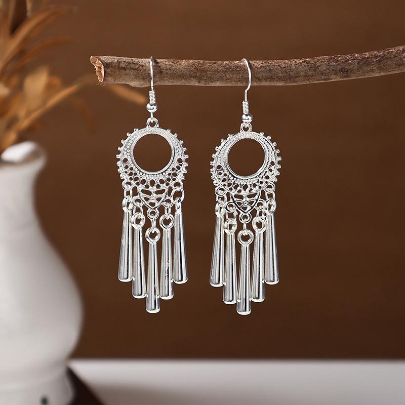 Imitation Miao Silver Earrings Retro Long Fringed Earrings Attractions Antique Earrings Miao Ear Jewelry Women