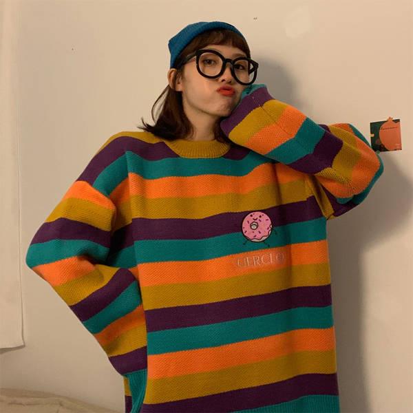 

Pofulove Loose Полосатый Хит Цвет Свитер Женская Вышивка Зимний Пуловер Круглый Шея Вязаный Топ