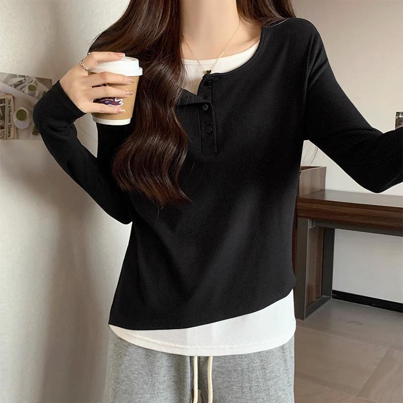 

Популярная женская футболка с длинным рукавом, полуоткрытым воротником и застежкой-пуговицей, контрастная имитация двухкомпонентной футболки, модная и универсальная верхняя часть рубашки XL