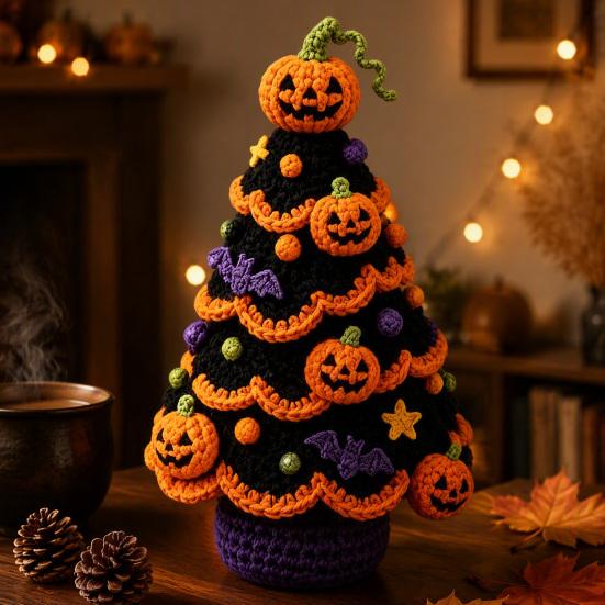 Zestaw Startowy Szydełkowania dla Początkujących, Zestaw Drzewko Halloweenowe, Rękodzieło z Przędzy DIY z Szydełkami i Instrukcją, Czarny Kot i Księżyc, Kreatywne Ręcznie Robione Akcesoria do Dziania