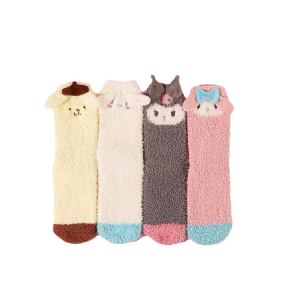 My and Pompompurin Socks Room Soft Cold Indoor Long Socks Cinnamoroll, Kuromi, Melody, 4-Pair Set, Socks, Stay-Stick Socks, Cotton, Antibacterial,