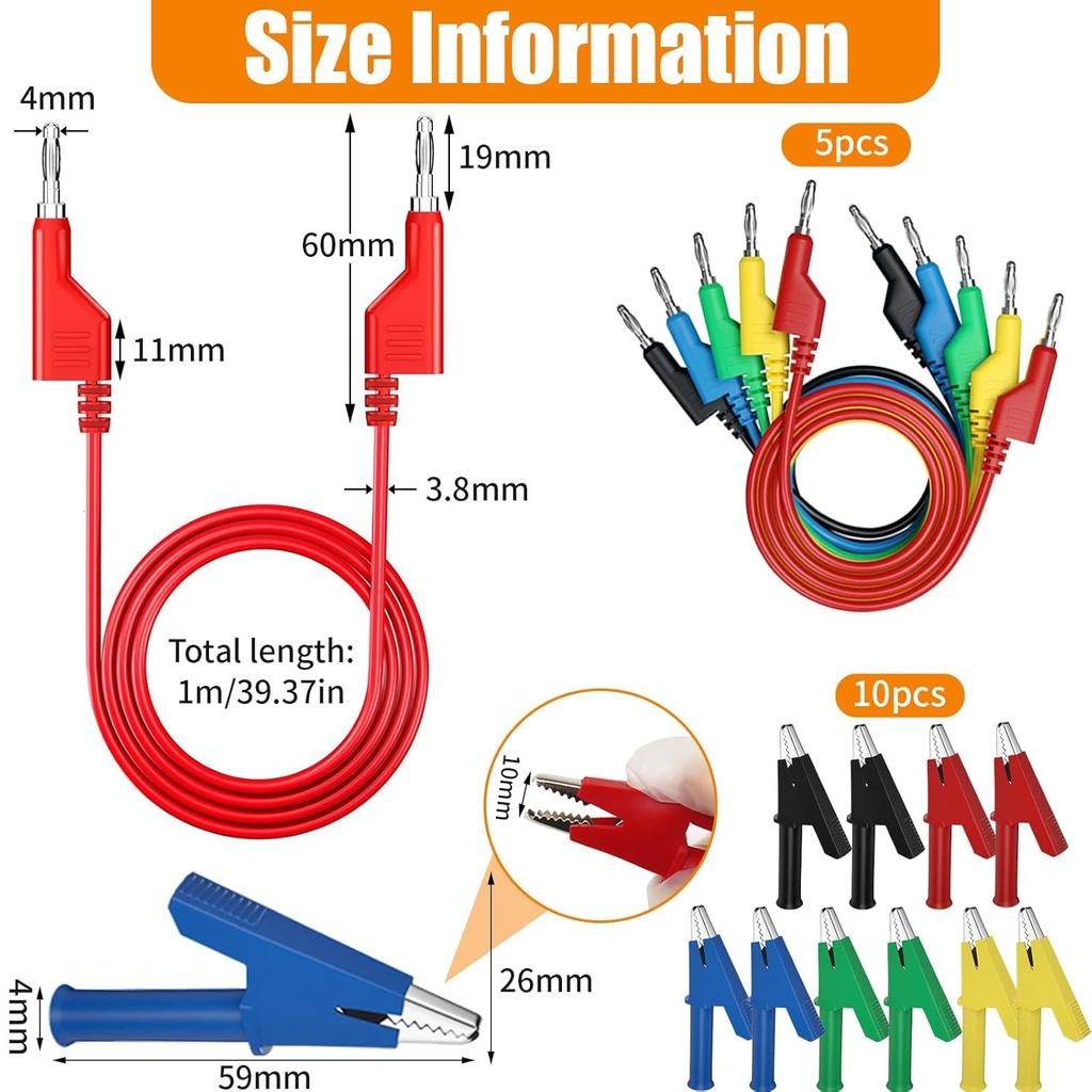 5Pcs 4mm Multimeter Test Leads Set with 10Pcs Crocodile Clips, 3.3ft/1m Double Ended Banana Plug Cabels, 5 Colors Stackable Electrical Testing Cable