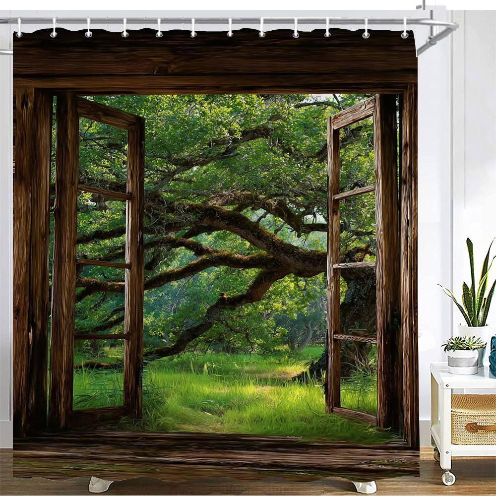 

Forest Scenery Outside The Window Shower Curtain Bath Curtain Landscape Printed Bathroom Curtains For Home Decoration Curtain W60H190(CM)-1 Pcs