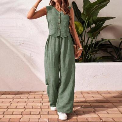 Conjunto Informal de Verano para el Trabajo: Chaleco y Pantalón Largo con Chaleco de Botones y Cuello en V