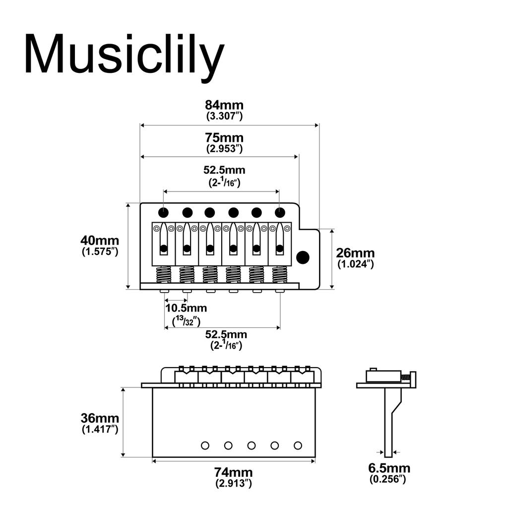 Musiclily Pro 10.5mm Modern 6-Point Tremolo Unit Bridge with 36mm Short Block for Squier Stratocaster Electric Guitars, Chrome