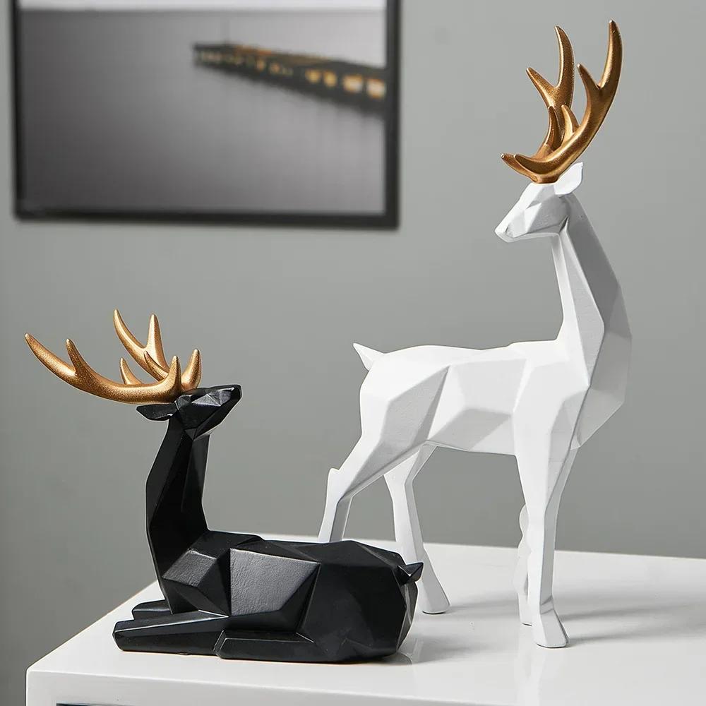 Artistic Home Decor Geometric Deer Figurine Nordic Living Room Tabletop Ornament Minimalism Cute Animal Statuette Resin Crafts