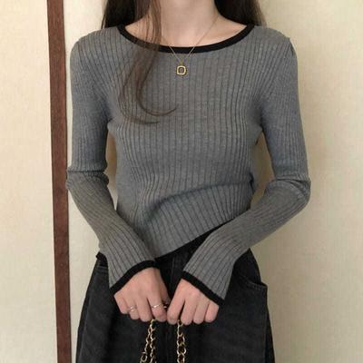 Autumn Korean Style Contrast Color Ribbed Long Sleeve Knitwear Women's Slim Fit Inner Base Layer Top