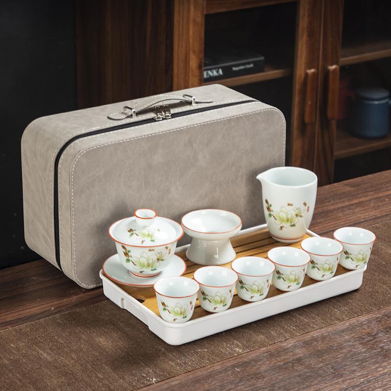 Celadon travel tea set creative kung fu ceramic cover bowl teacup tea tray full set of business gifts