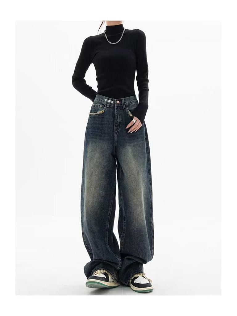 Women's High-Waist Retro Straight Jeans - Spring/Autumn 2025, Plus Size, Floor-Length, Wide Leg, Slimming Fit