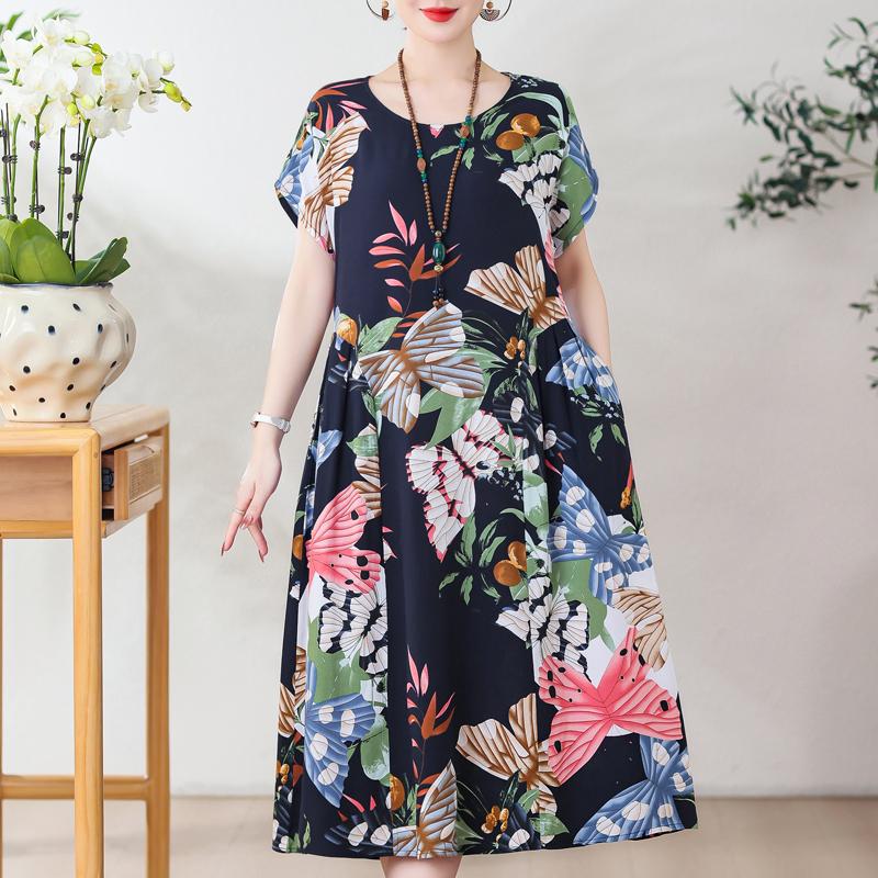 Plus Size Elegant Women Dresses Summer Vintage Clothes Short Sleeve Casual Long Dress