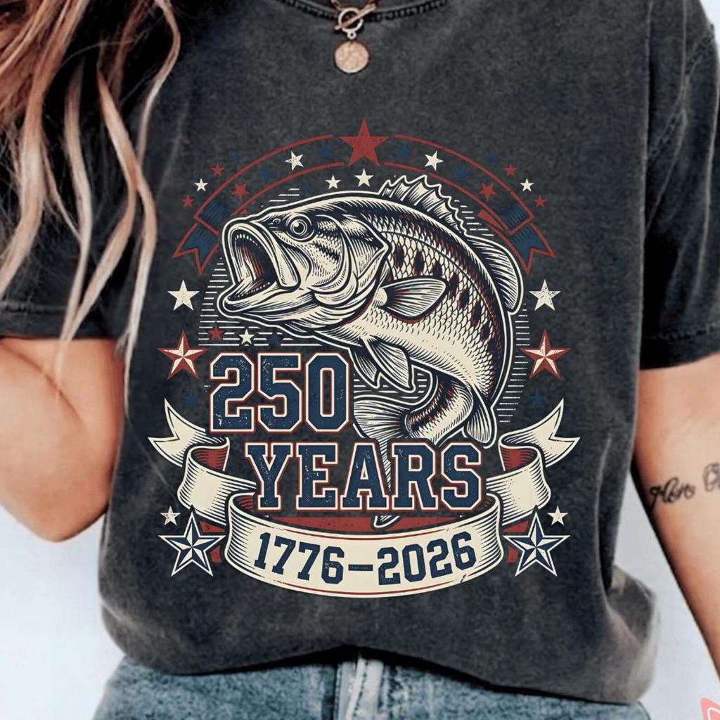 Patriotic Fish Freedom Flag 250 Years USA Fishing 4th July T-Shirt, American Angler Tee, Independence Day Fisherman Shirt