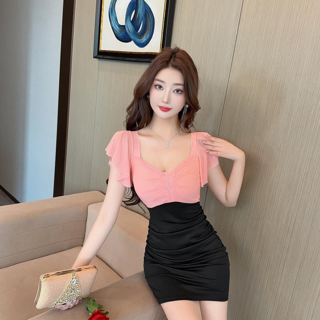 Women's clothing fashionable low-cut sexy contrasting color splicing mesh Feifei sleeves white dress tight skirt