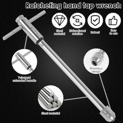 Silver T-Handle Ratchet Tap Holder Wrench Adjustable Manual Tapping Tool with Machine Screw Thread Metric Plug T-shaped Tap