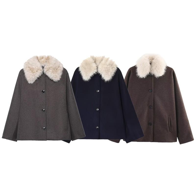 Womens Faux Fur Collar Wool Blend Coat Winter Warm Loose Fit Street Style Outerwear