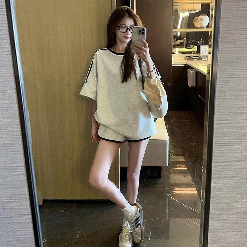Lazy wind casual sports suit female summer student small loose thin short-sleeved shorts running two-piece set